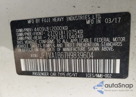 2017 Subaru Wrx z USA, uszkodzony, nr VIN JF1VA1B67H9839604